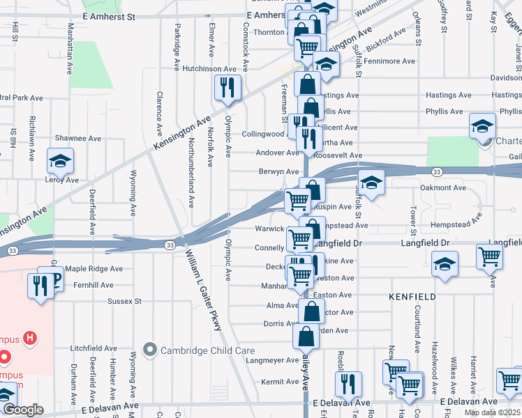 map of restaurants, bars, coffee shops, grocery stores, and more near Kensington Expressway in Buffalo