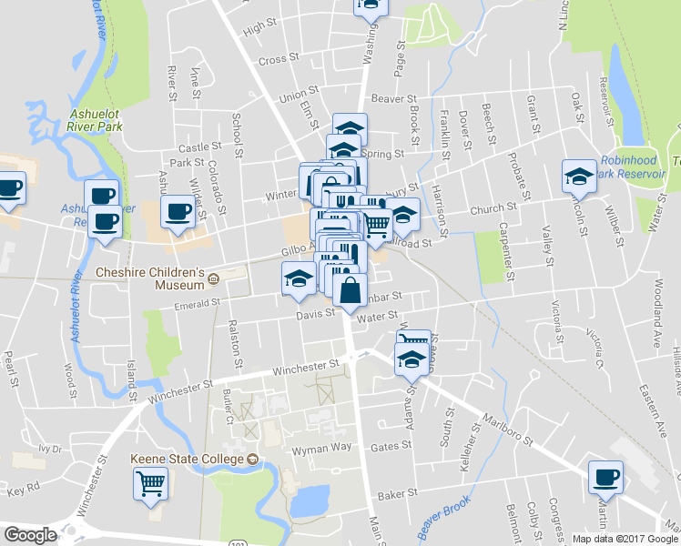 map of restaurants, bars, coffee shops, grocery stores, and more near 101 Main Street in Keene