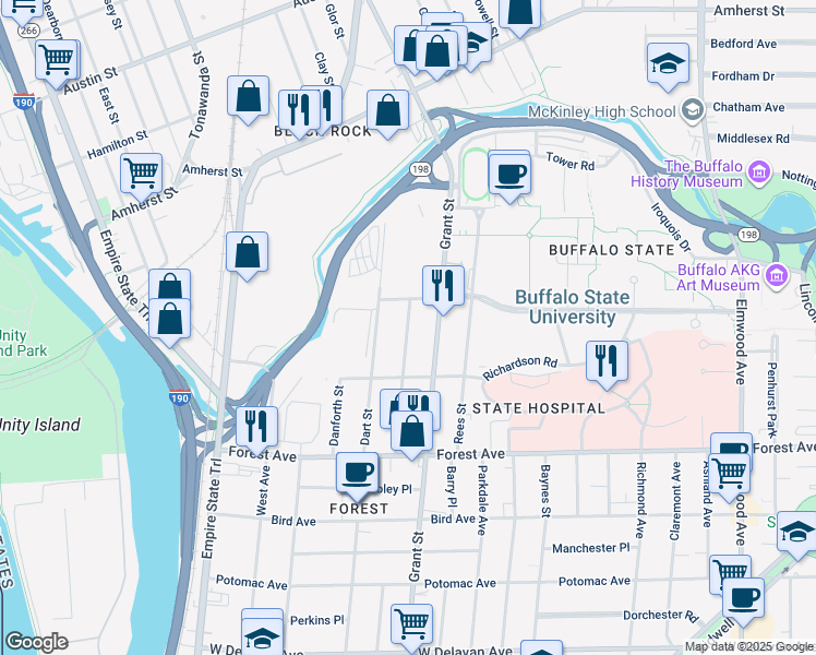 map of restaurants, bars, coffee shops, grocery stores, and more near 127 Hawley Street in Buffalo