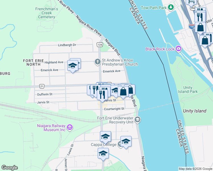 map of restaurants, bars, coffee shops, grocery stores, and more near 51 Niagara 21 in Fort Erie