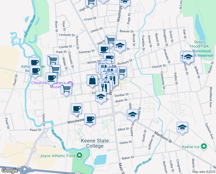 map of restaurants, bars, coffee shops, grocery stores, and more near 101 Main Street in Keene