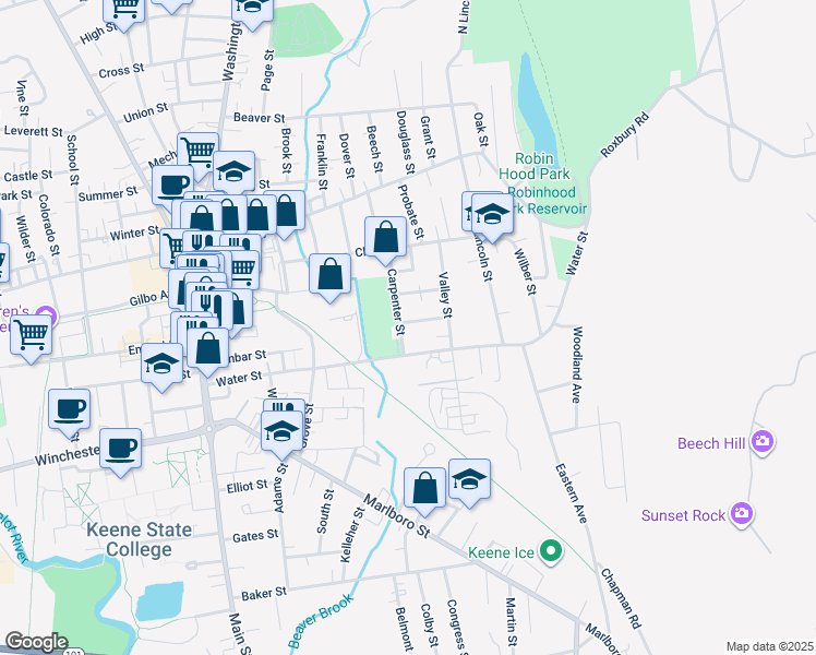 map of restaurants, bars, coffee shops, grocery stores, and more near 84 Carpenter Street in Keene