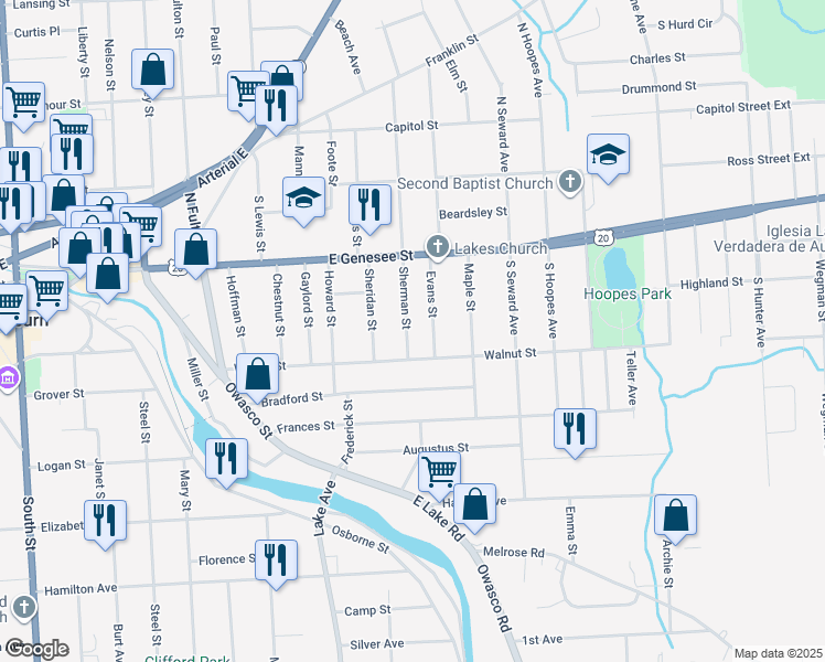 map of restaurants, bars, coffee shops, grocery stores, and more near 26 Sherman Street in Auburn