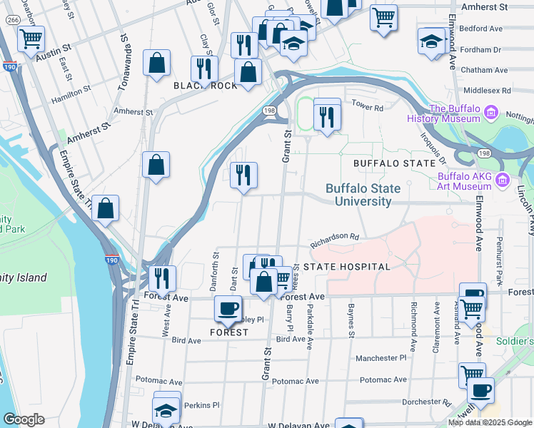 map of restaurants, bars, coffee shops, grocery stores, and more near 129 Hawley Street in Buffalo