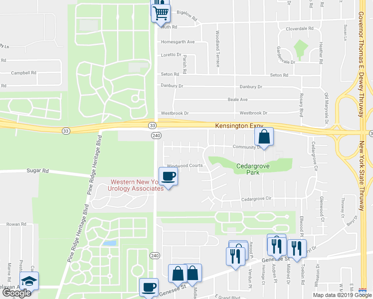 map of restaurants, bars, coffee shops, grocery stores, and more near 15AD Windwood Courts in Buffalo