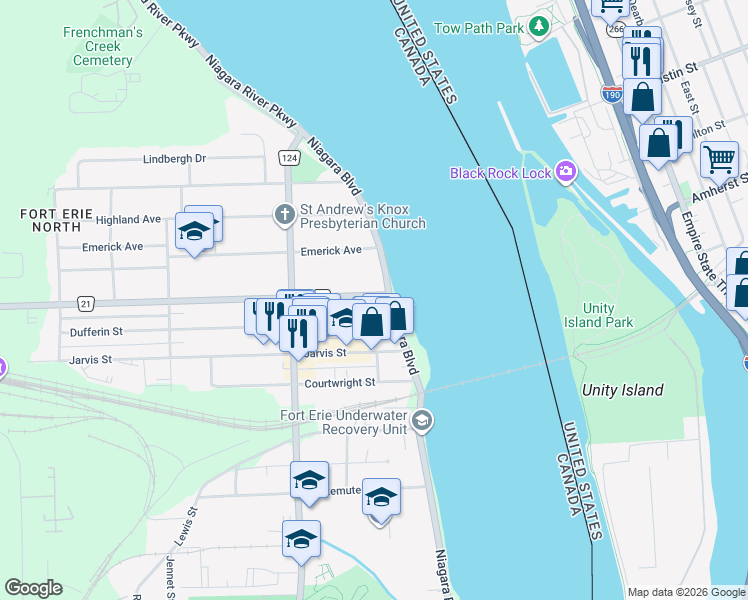 map of restaurants, bars, coffee shops, grocery stores, and more near 9 Phipps Street in Fort Erie