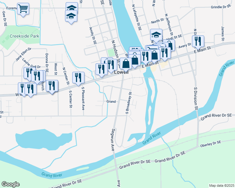 map of restaurants, bars, coffee shops, grocery stores, and more near 218 South Hudson Street in Lowell