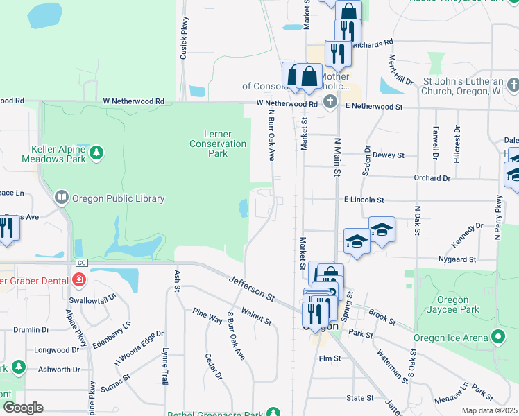 map of restaurants, bars, coffee shops, grocery stores, and more near 399 North Burr Oak Avenue in Oregon