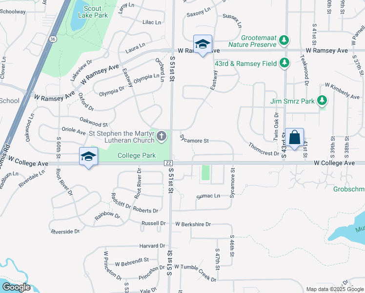 map of restaurants, bars, coffee shops, grocery stores, and more near 6200 South 51st Street in Greendale