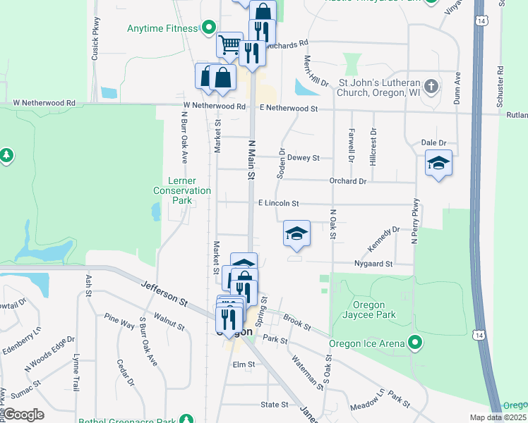 map of restaurants, bars, coffee shops, grocery stores, and more near 354 North Main Street in Oregon
