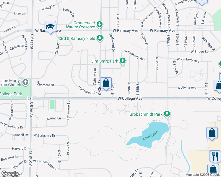 map of restaurants, bars, coffee shops, grocery stores, and more near 4122 West Alvina Avenue in Greenfield