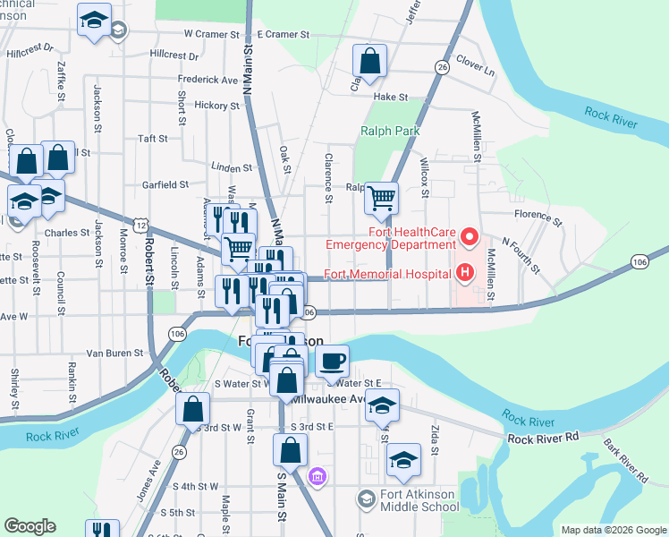 map of restaurants, bars, coffee shops, grocery stores, and more near 306 Clarence Street in Fort Atkinson