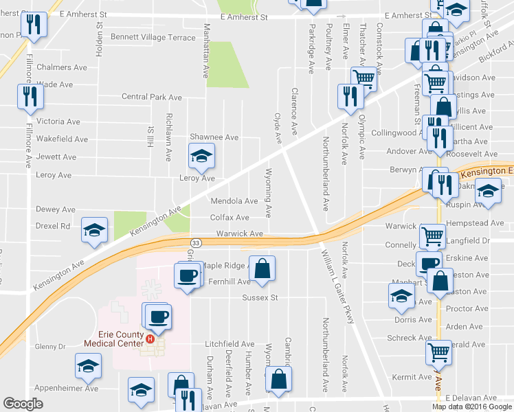 map of restaurants, bars, coffee shops, grocery stores, and more near 91 Mendola Avenue in Buffalo