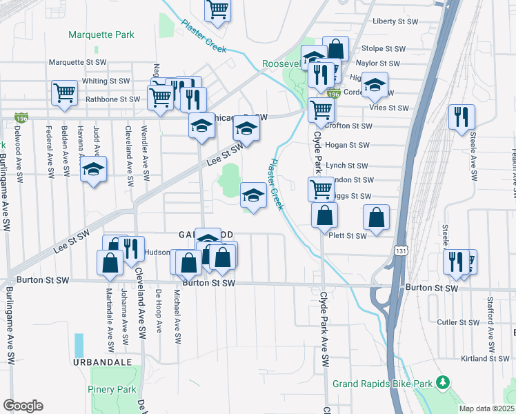 map of restaurants, bars, coffee shops, grocery stores, and more near 961 Joosten Street Southwest in Wyoming