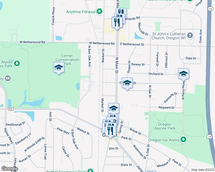 map of restaurants, bars, coffee shops, grocery stores, and more near 144 W Lincoln St in Oregon