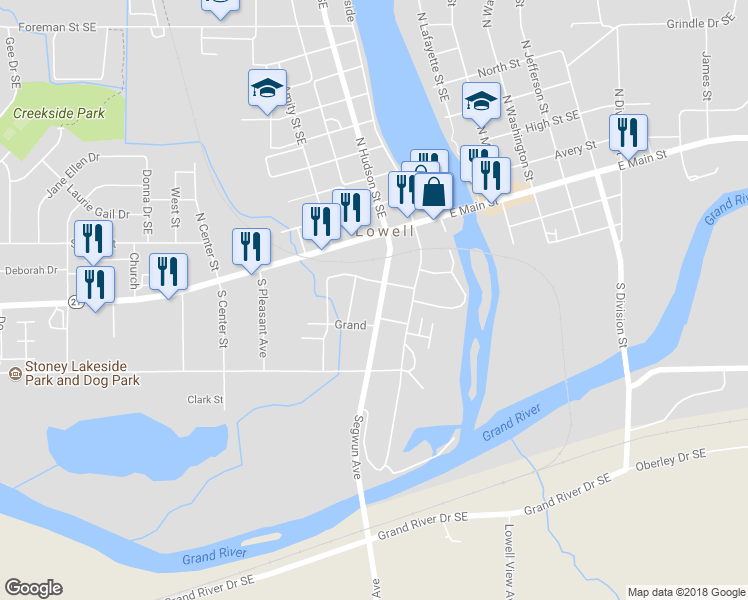 map of restaurants, bars, coffee shops, grocery stores, and more near 218 South Hudson Street in Lowell