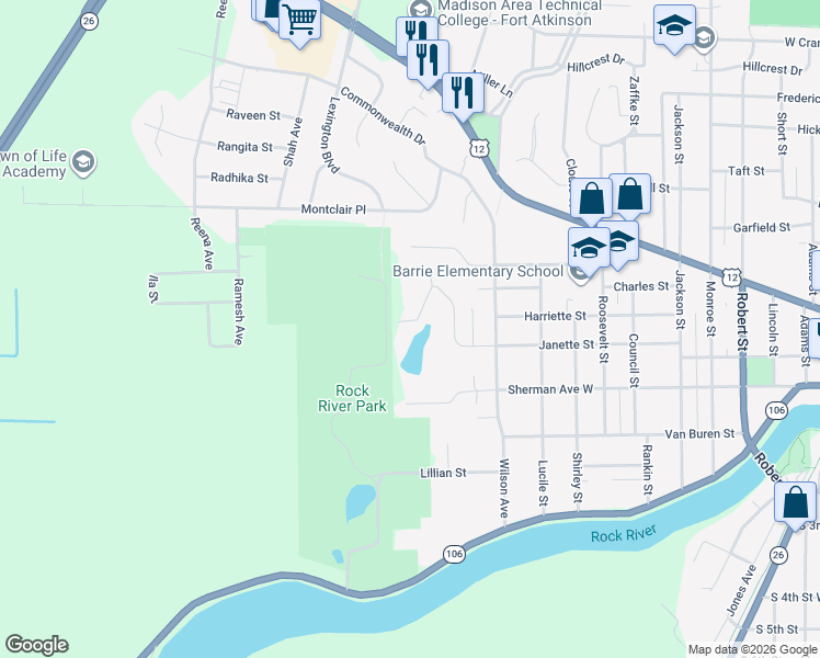 map of restaurants, bars, coffee shops, grocery stores, and more near 1257 Janette Street in Fort Atkinson