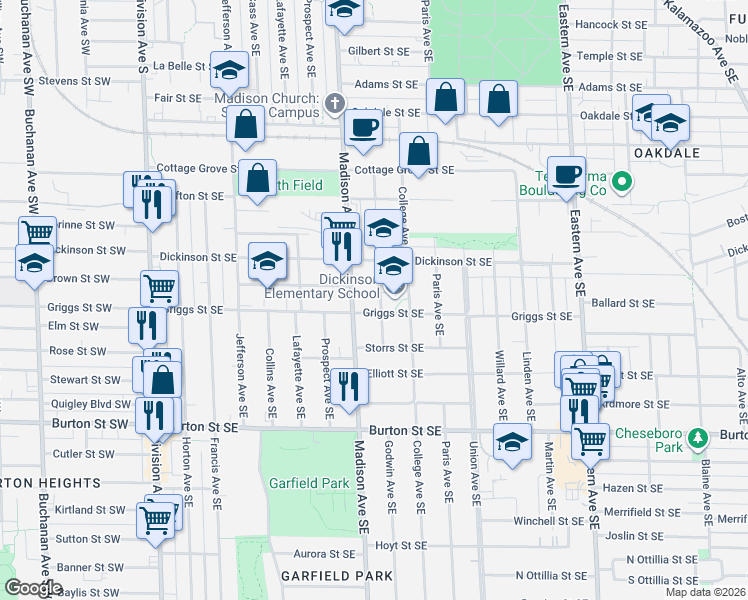 map of restaurants, bars, coffee shops, grocery stores, and more near 1741 Godwin Avenue Southeast in Grand Rapids