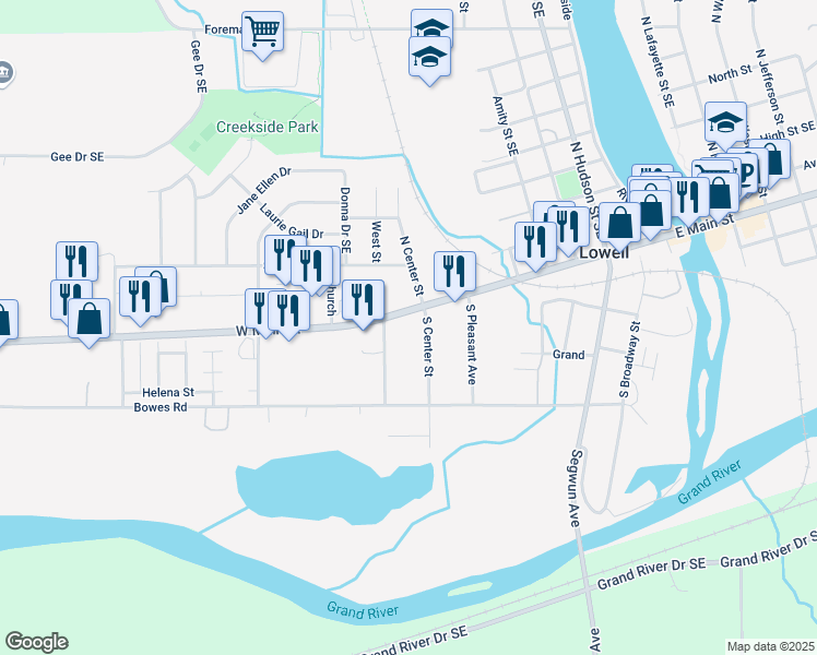 map of restaurants, bars, coffee shops, grocery stores, and more near 930 West Main Street in Lowell