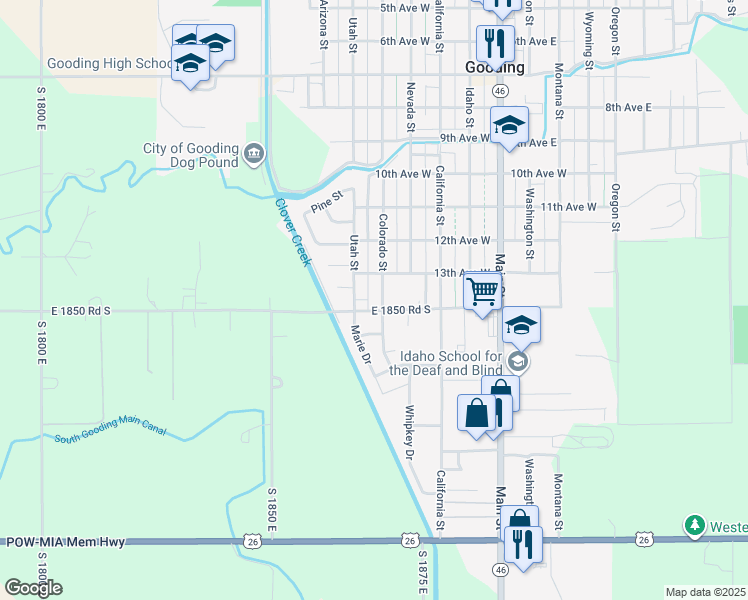 map of restaurants, bars, coffee shops, grocery stores, and more near 506 14th Avenue West in Gooding