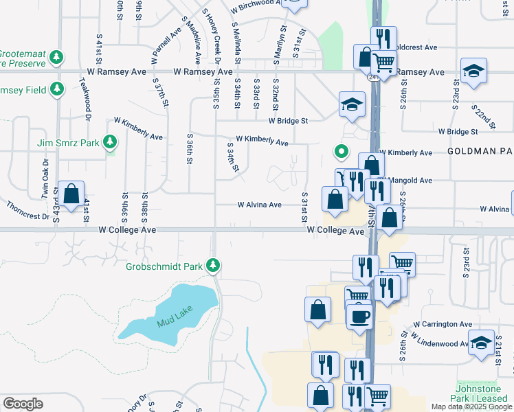 map of restaurants, bars, coffee shops, grocery stores, and more near 3233 West Alvina Avenue in Greenfield