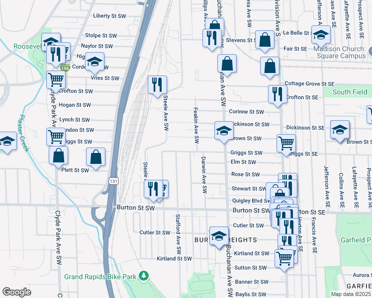 map of restaurants, bars, coffee shops, grocery stores, and more near 323 Griggs Street Southwest in Grand Rapids