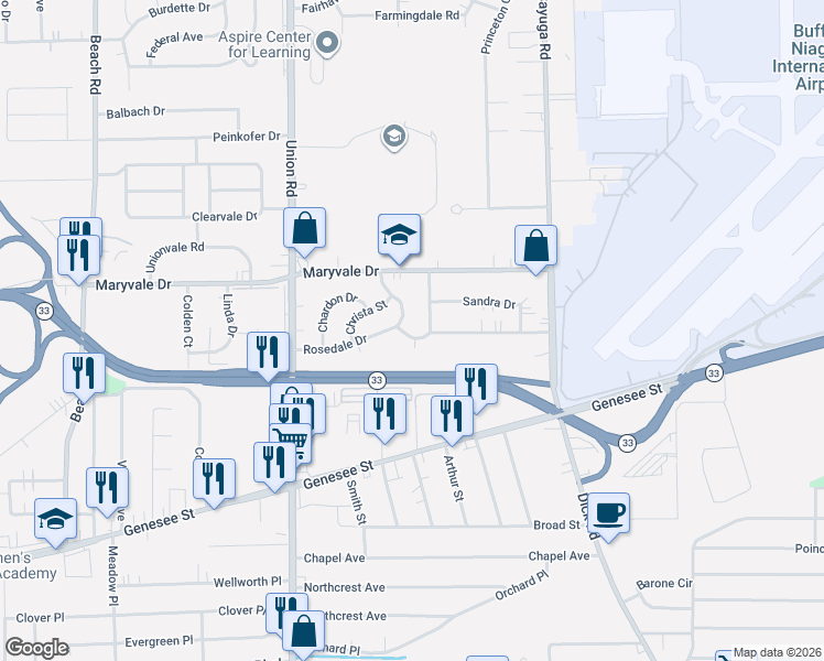 map of restaurants, bars, coffee shops, grocery stores, and more near 111 Louis Street in Cheektowaga