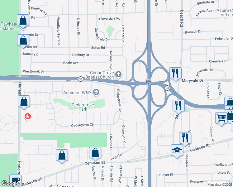 map of restaurants, bars, coffee shops, grocery stores, and more near 9-13 Sandstone Drive in Cheektowaga