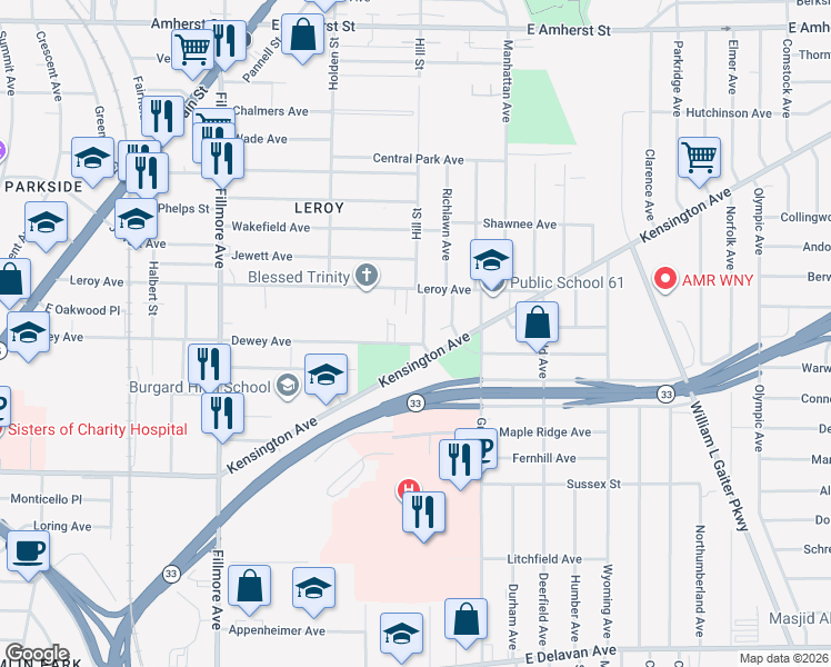 map of restaurants, bars, coffee shops, grocery stores, and more near 25 Castle Place in Buffalo