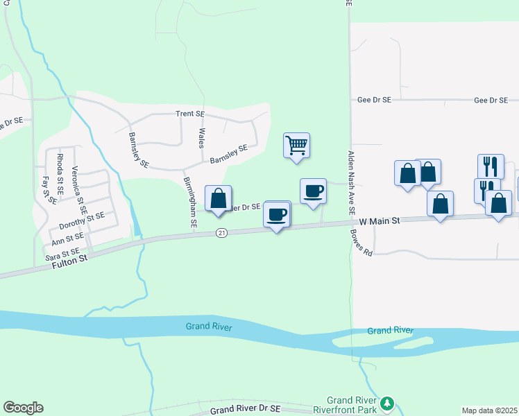map of restaurants, bars, coffee shops, grocery stores, and more near 11797 Boulder Drive Southeast in Lowell