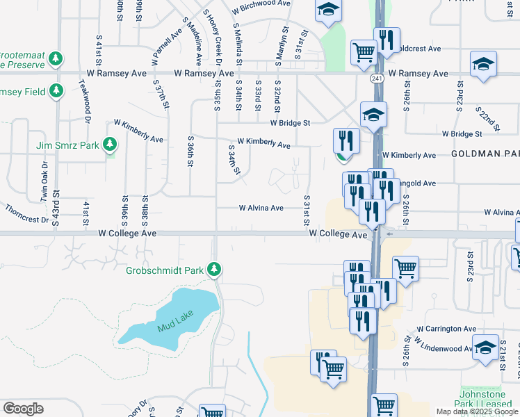 map of restaurants, bars, coffee shops, grocery stores, and more near 3233 West Alvina Avenue in Greenfield