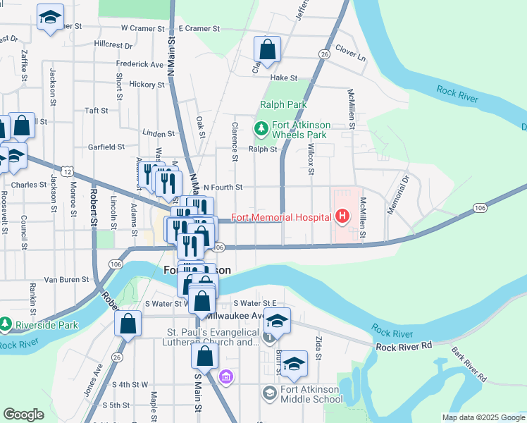 map of restaurants, bars, coffee shops, grocery stores, and more near 307 North 3rd Street in Fort Atkinson