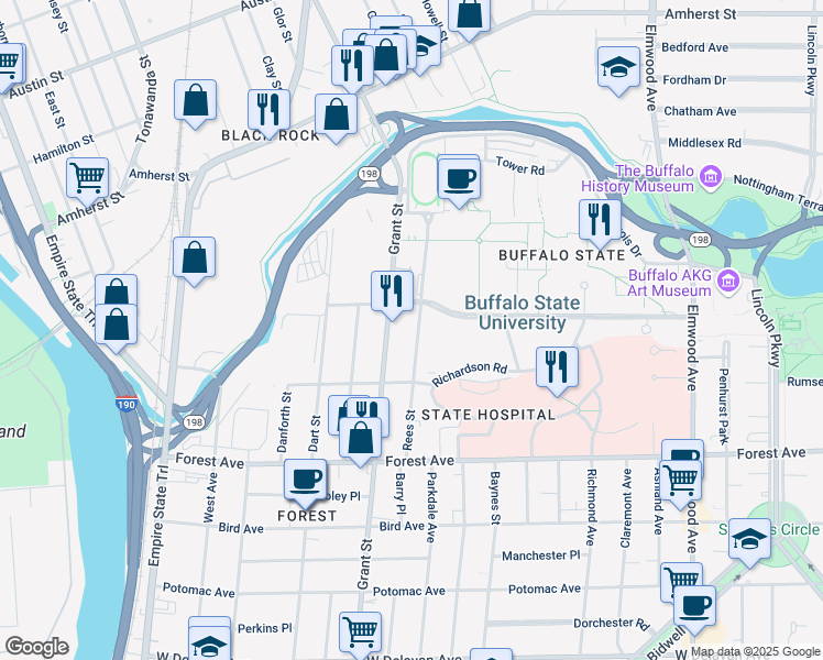 map of restaurants, bars, coffee shops, grocery stores, and more near 132 Rees Street in Buffalo