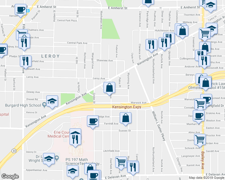 map of restaurants, bars, coffee shops, grocery stores, and more near 53 Mendola Avenue in Buffalo
