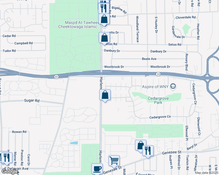 map of restaurants, bars, coffee shops, grocery stores, and more near 31 Windwood Courts in Cheektowaga