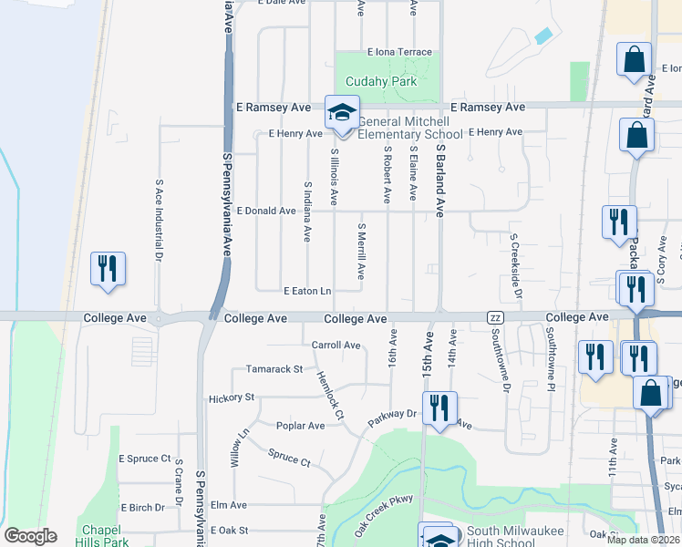 map of restaurants, bars, coffee shops, grocery stores, and more near 6214 South Illinois Avenue in Cudahy