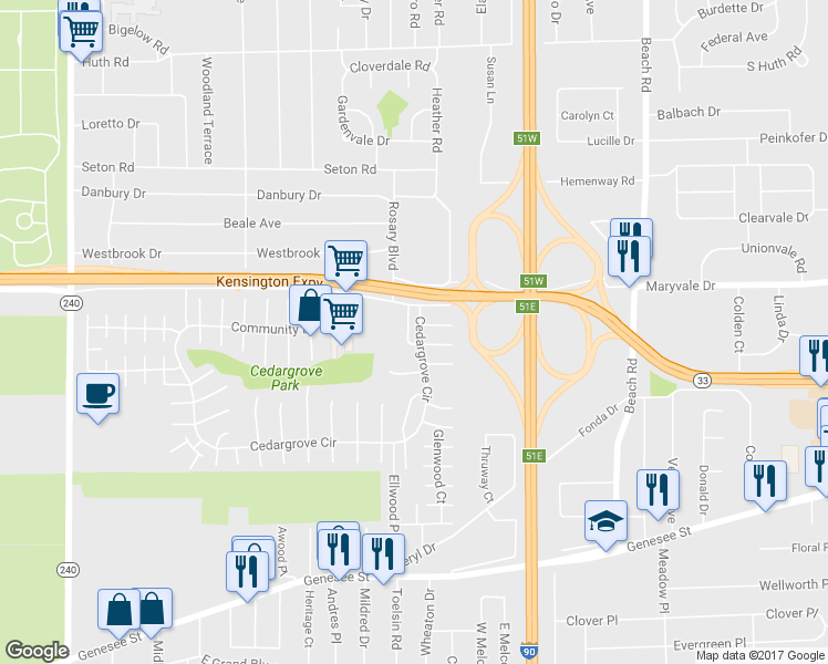 map of restaurants, bars, coffee shops, grocery stores, and more near 9-13 Sandstone Drive in Cheektowaga