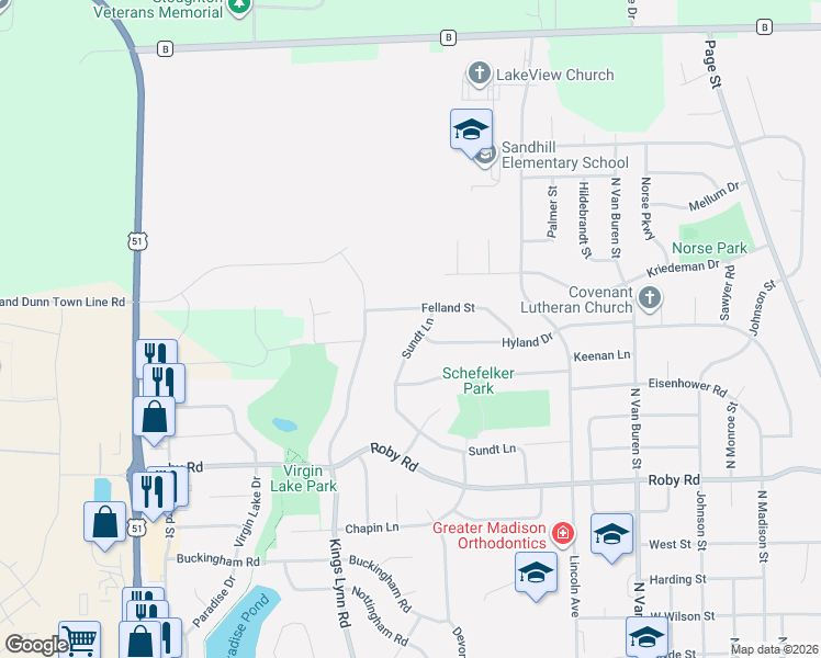 map of restaurants, bars, coffee shops, grocery stores, and more near 1448 Sundt Lane in Stoughton