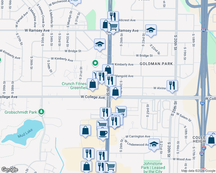 map of restaurants, bars, coffee shops, grocery stores, and more near 6225 South 27th Street in Greenfield