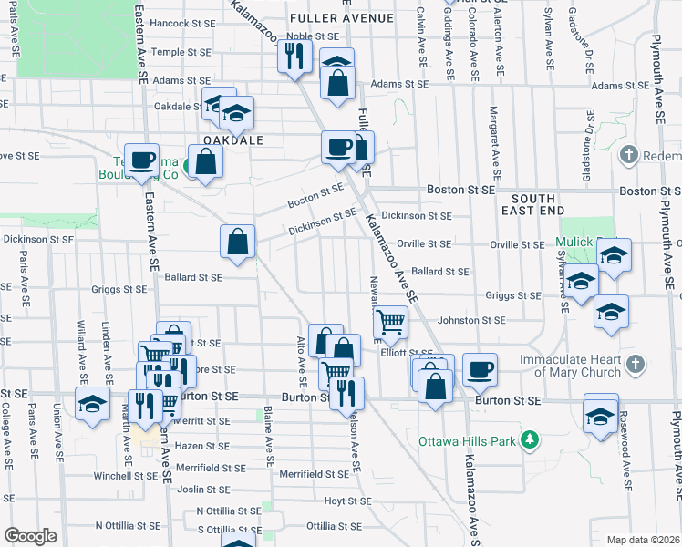 map of restaurants, bars, coffee shops, grocery stores, and more near 1741 Nelson Avenue Southeast in Grand Rapids