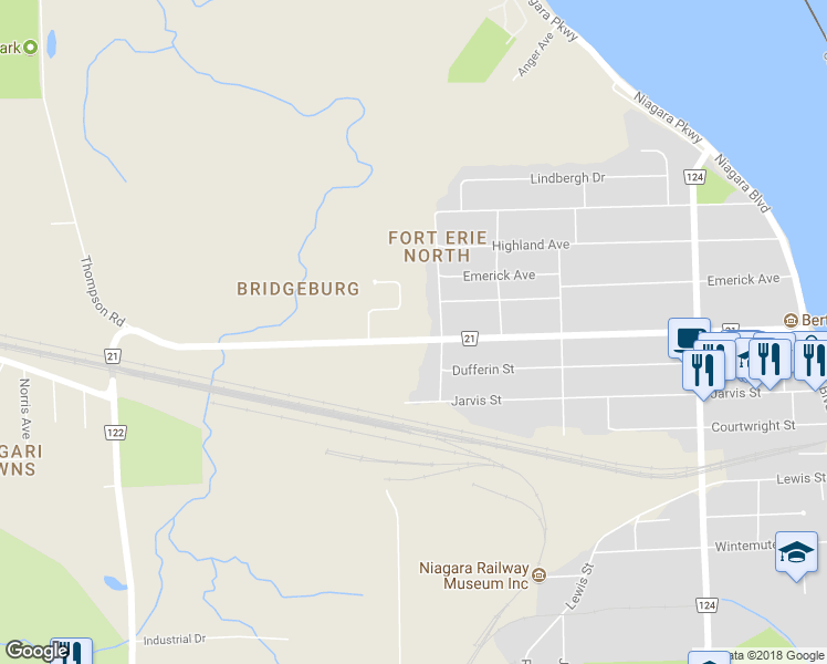map of restaurants, bars, coffee shops, grocery stores, and more near 416 Phipps Street in Fort Erie