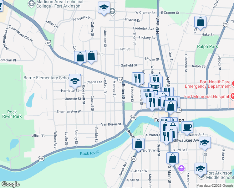 map of restaurants, bars, coffee shops, grocery stores, and more near 317 Robert Street in Fort Atkinson