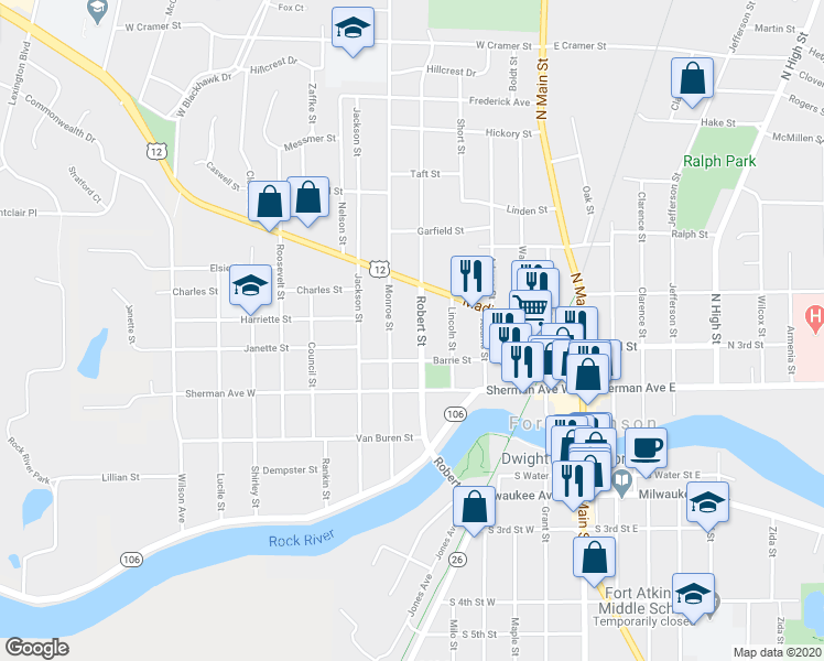 map of restaurants, bars, coffee shops, grocery stores, and more near 317 Robert Street in Fort Atkinson
