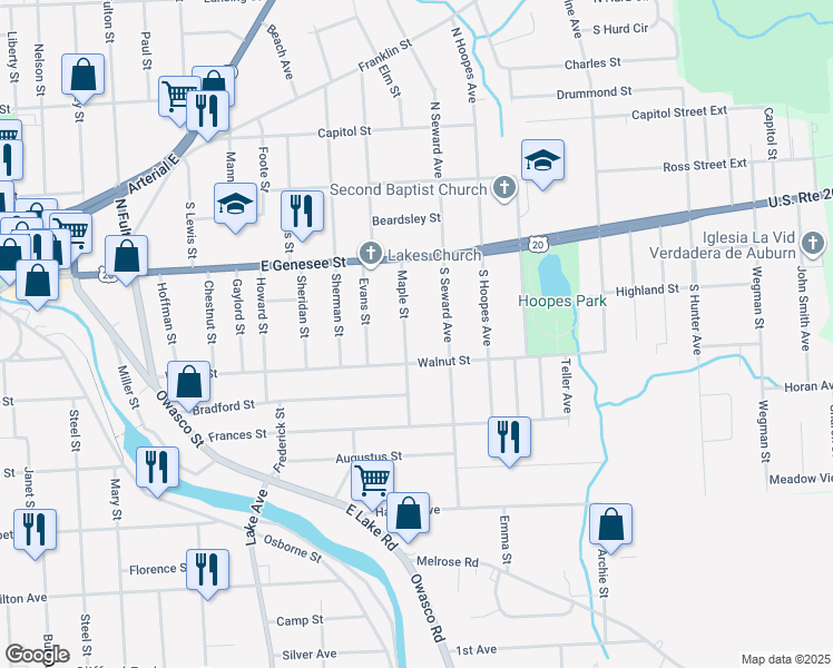 map of restaurants, bars, coffee shops, grocery stores, and more near 24 Maple St in Auburn