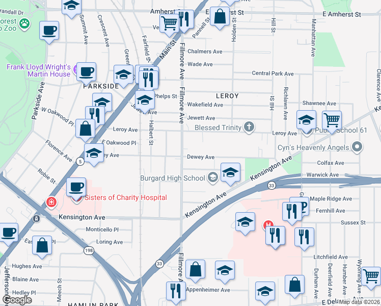 map of restaurants, bars, coffee shops, grocery stores, and more near 236 Dewey Ave in Buffalo