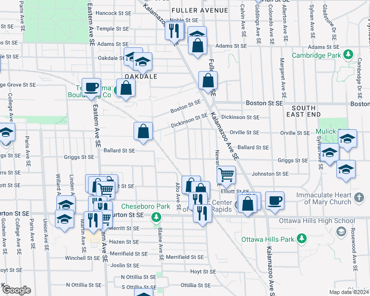 map of restaurants, bars, coffee shops, grocery stores, and more near 1759 Silver Ave SE in Grand Rapids