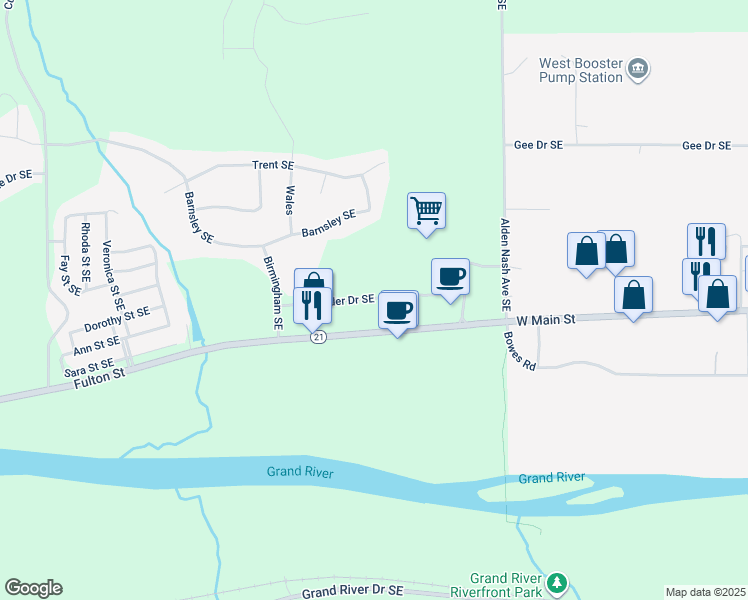map of restaurants, bars, coffee shops, grocery stores, and more near 11731 Boulder Drive Southeast in Lowell