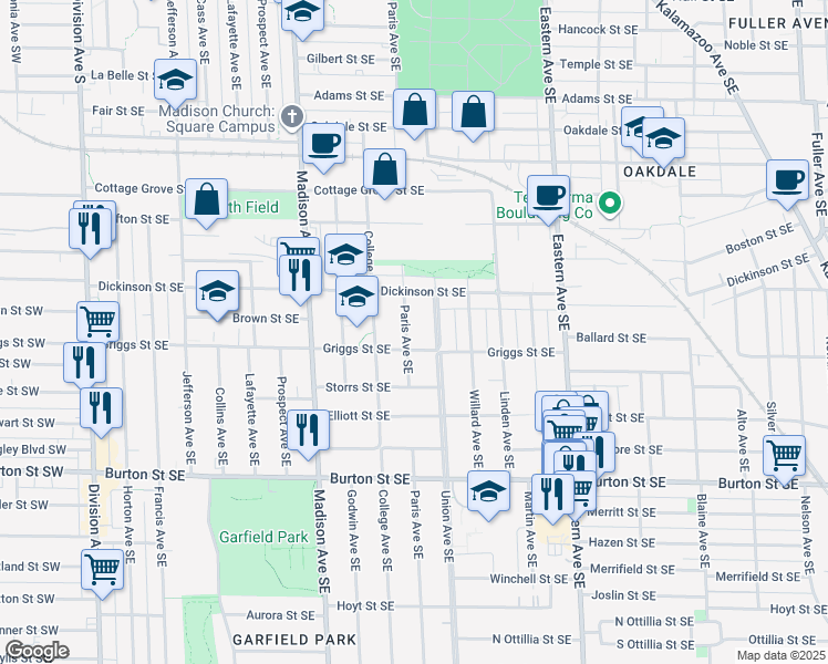 map of restaurants, bars, coffee shops, grocery stores, and more near 1738 Paris Avenue Southeast in Grand Rapids