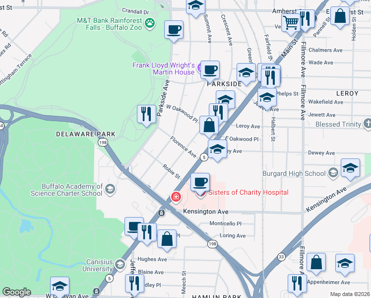 map of restaurants, bars, coffee shops, grocery stores, and more near Crescent Avenue & Florence Avenue in Buffalo