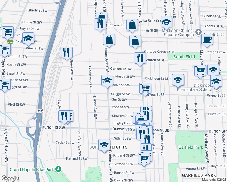 map of restaurants, bars, coffee shops, grocery stores, and more near 143 Griggs Street Southwest in Grand Rapids